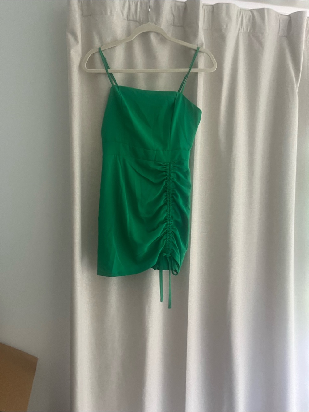 Green Ruched Spaghetti Strap Mini Dress
